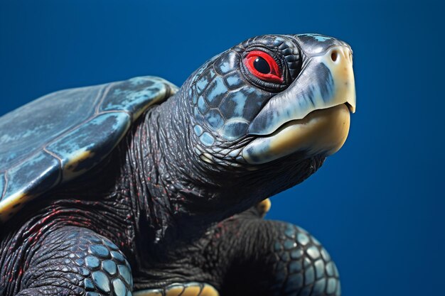 Turtle with red eyes on a blue background