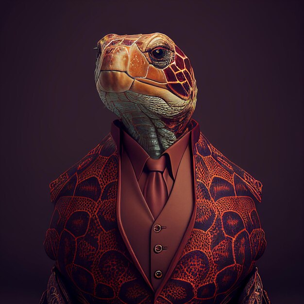 A turtle with a red tie and a suit jacket is shown.