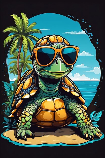 Photo turtle with sunglasses beach scene simple vector sticker design