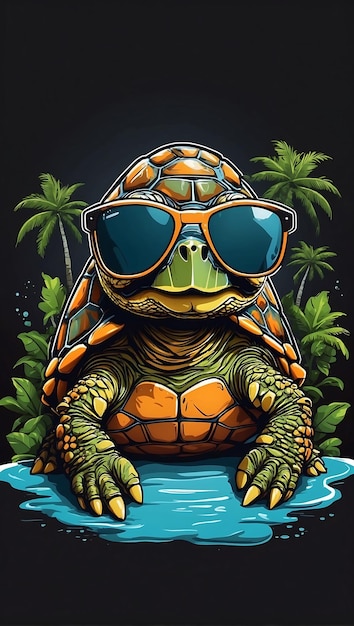 Фото Черепаха с солнцезащитными очками сцена на пляже простой векторный дизайн наклейки