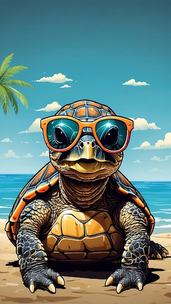 Foto tartaruga con occhiali da sole scena di spiaggia disegno di adesivo vettoriale semplice