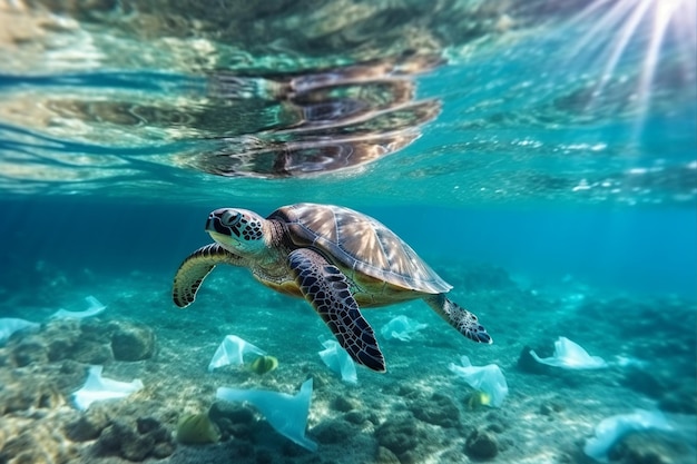 Turtles can eat plastic bags mistaking them for jellyfish AI Generative