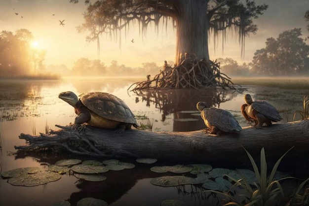 Turtles on a log in a swamp