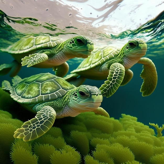 Turtles swimming under a coral