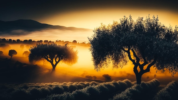 Foto campi toscani e ulivi all'alba