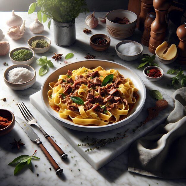 Tuscan Pappardelle with Duck Ragu on Marble Counter