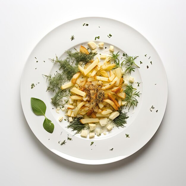 Photo the tuscan scrambled eggs and french fries on a white plate that is a background in the style of ch