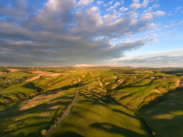 Tuscany aerial sunrise hill landscape