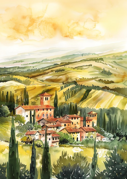 Tuscany Italy landscape watercolor wedding invitation template