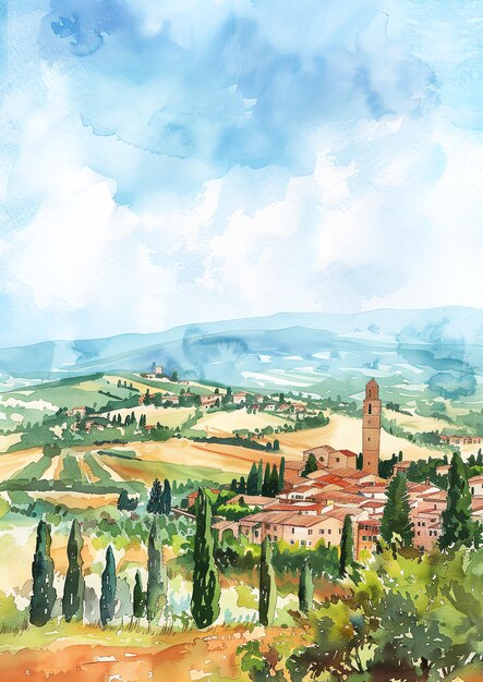 Tuscany Italy San Gimignano landscape watercolor wedding invitation template
