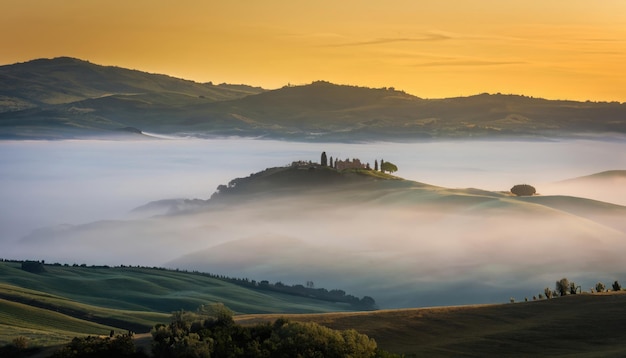 Tuscany landscape at sunrise with low fog