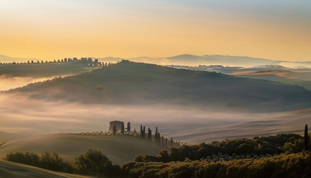 Tuscany landscape at sunrise with low fog