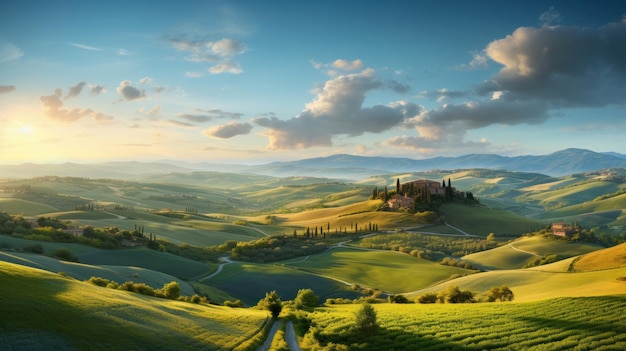 Tuscany landscape at sunset Panoramic view of Tuscany Italy