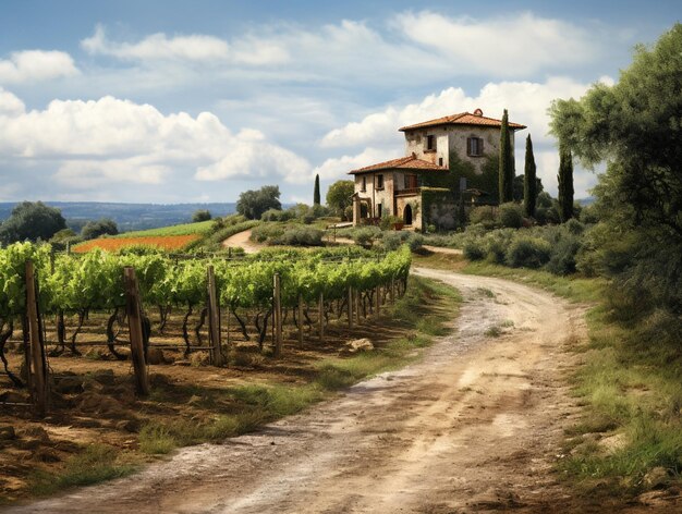 Photo tuscany road vineyard and antique house