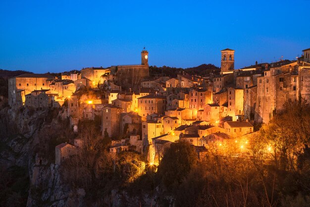 Tuscany Sorano medieval village blue hour sunset panorama Italy