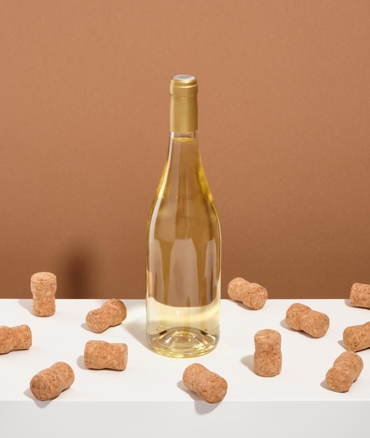 Tussen de kurken van de fles staat een fles luxe witte wijn Luxe alcoholische vakantie