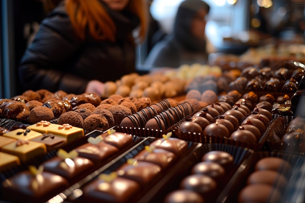 Foto tussen een tentoonstelling van gourmet chocolade verwondert een vrouw met een zoete tand zich over de kunstzinnigheid van elke handgemaakte traktatie.