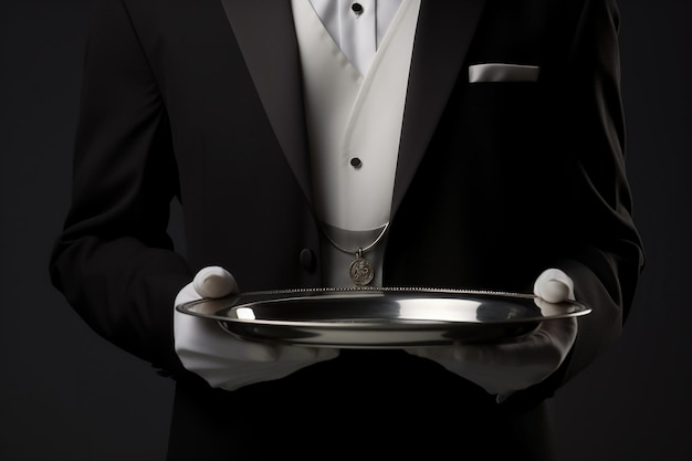 Photo tuxedo wearing waiter holding silver tray in front of his body