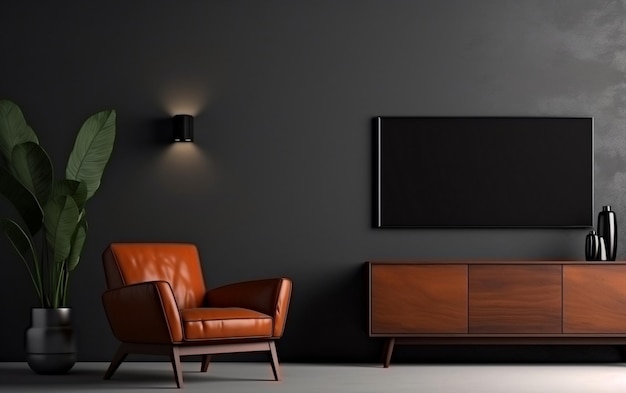 TV aan de muur gemonteerd in een donkere kamer met zwarte achtergrond Generatieve AI