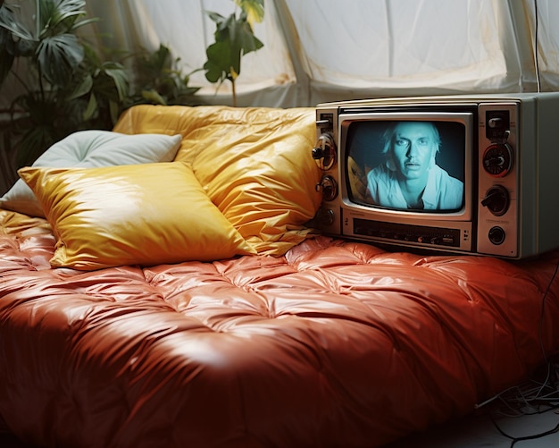 a tv on a bed with a man on the screen