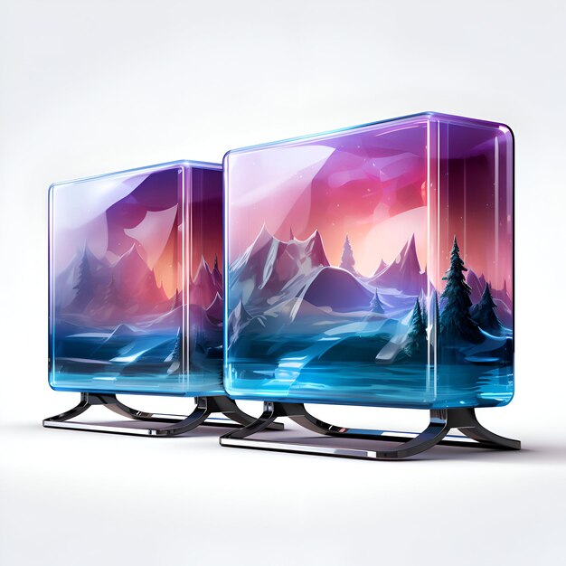 사진 배경 3d 그림에 산이 있는 tv 상자