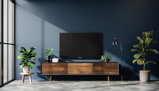 Телевизорный шкаф на фоне темно-синих стен в гостиной, добавляющий прикосновение элегантности и современности
