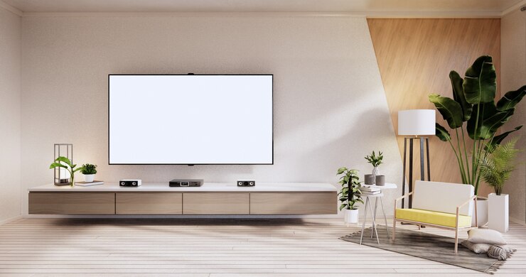 Photo tv cabinet ,armchair on wood flooring and white and wooden wall design, minimalist living interior.3d rendering
