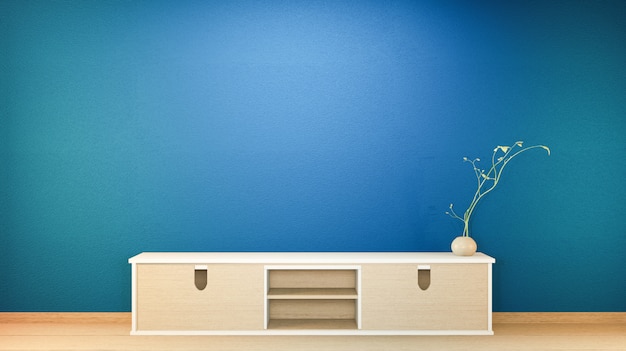 진한 파란색 거실과 검은 배경의 TV 캐비닛 및 디스플레이 일본 인테리어. 3d 렌더링