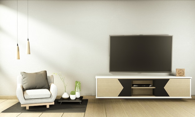 ТВ шкаф и дисплей японский интерьер гостиной. 3D-рендеринг