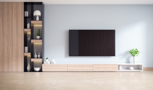  TV cabinet and display with  on wood flooring and light gray wall, minimalist and vintage interior of living room,  ,3d rendering