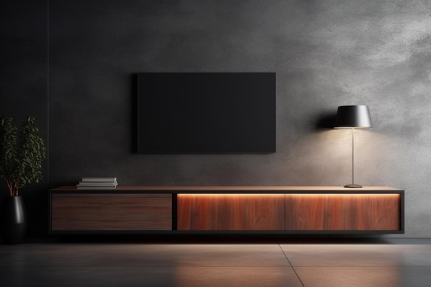 The TV cabinet in the modern empty room against a dark wall features minimal designs