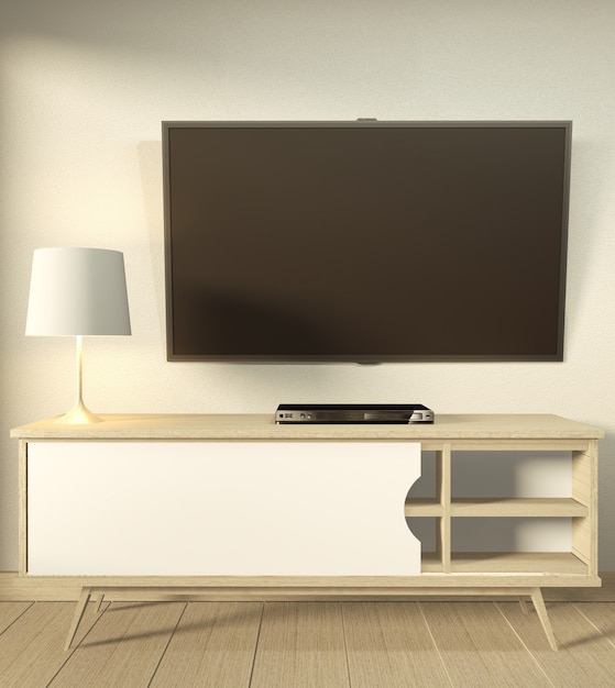 Tv cabinet in modern empty room Japanese - zen style,minimal designs. 3D rendering