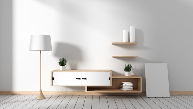 Tv cabinet in modern empty room Japanese - zen style,minimal designs. 3D rendering