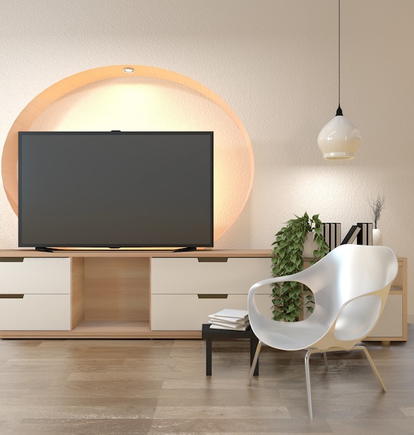 Photo tv cabinet in modern empty room wall shelf design hidden light japanese - zen style, minimal designs.