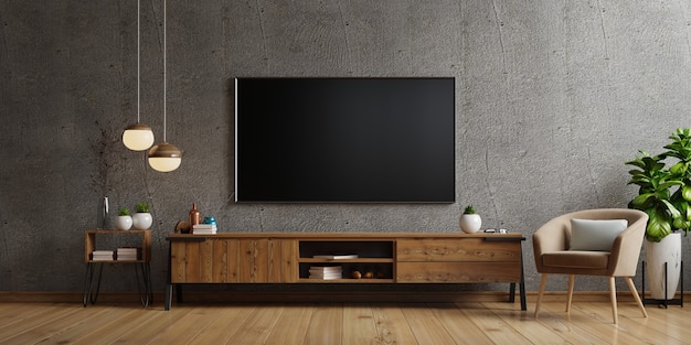 Tv on cabinet the in modern living room the concrete wall,3d rendering