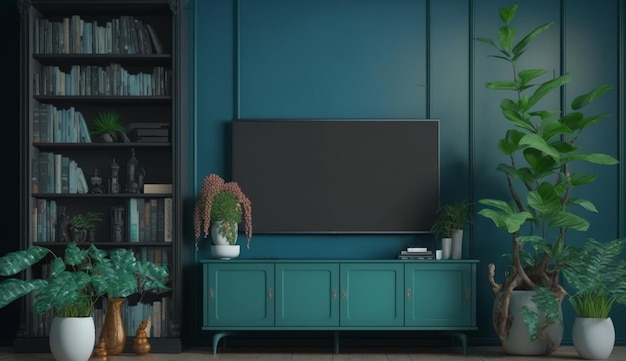 モダンなリビング ルームのキャビネットのテレビには、青い壁の背景に植物と本があります生成 AI