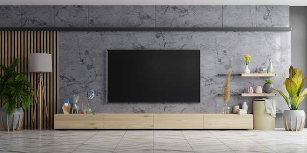 Tv on cabinet the in modern living room the marble wall. 3D Rendering