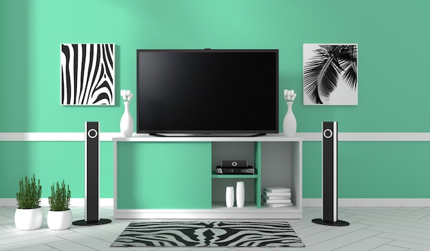 TV on cabinet in modern living room on mint wall background, 3d rendering