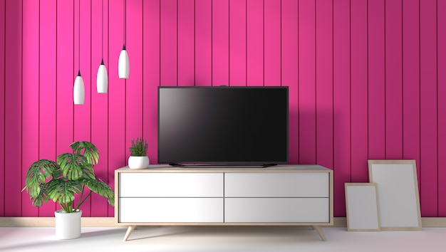 TV on cabinet in modern living room on pink wall background,3d rendering