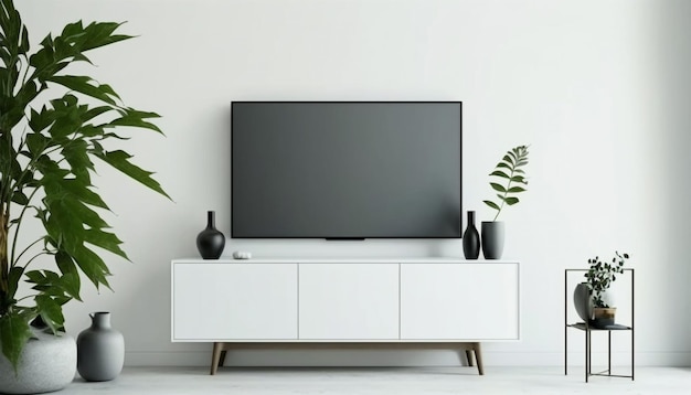 TV on cabinet in modern living room on a white wall background.