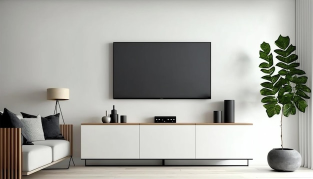 TV on cabinet in modern living room on a white wall background.