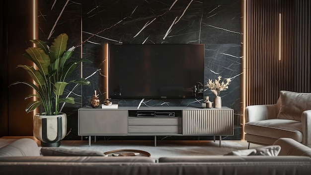 Tv cabinet in modern living room with armchair and plant on dark marble wall 3d rendering