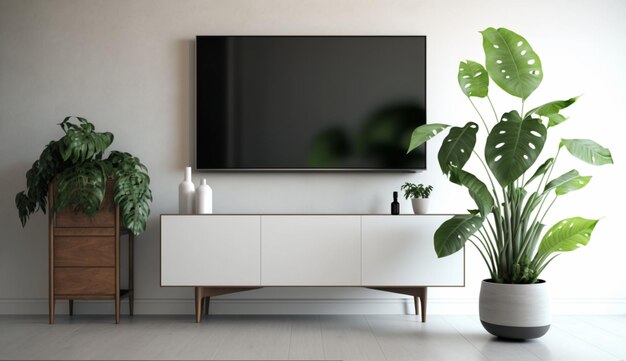 TV on the cabinet in modern living room with plant on white wall background Generative AI