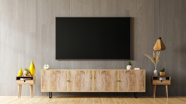 Tv on cabinet in modern living room with wooden wall, 3d rendering