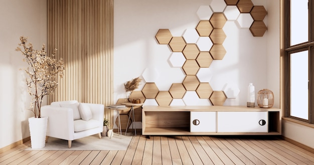 벽 육각형 최소한의 디자인이 있는 현대적인 객실의 TV 캐비닛. 3D 렌더링