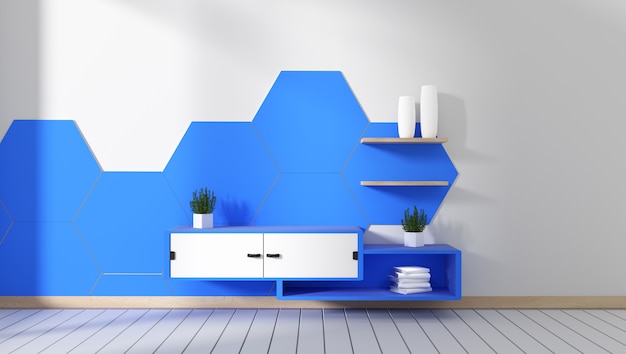 部屋の青い六角形のタイルのテレビキャビネット最小限のデザイン、禅スタイル。 3Dレンダリング