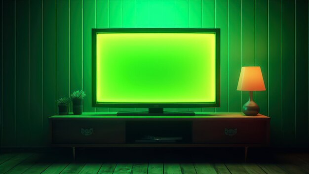 TV on the cabinet in the room with green wall and floor lamp