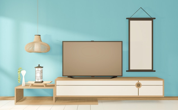 Tv cabinet in tropical mint room Japanese - zen style,minimal designs. 3D rendering