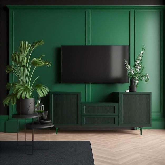 Tv cabinet with green and black modern minimal interior design minimalist interior 3d render