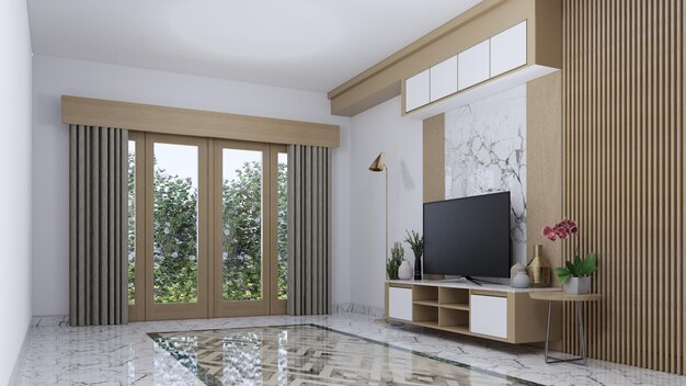 Tv cabinet with modern furniture in the family room by\
utilizing narrow space